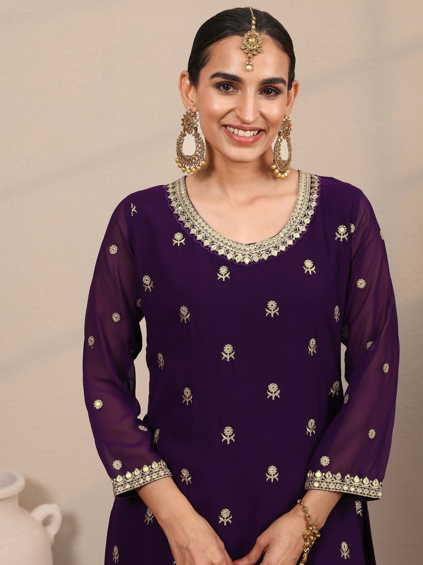 Libas Art Purple Embroidered Georgette Straight Suit Set With Dupatta