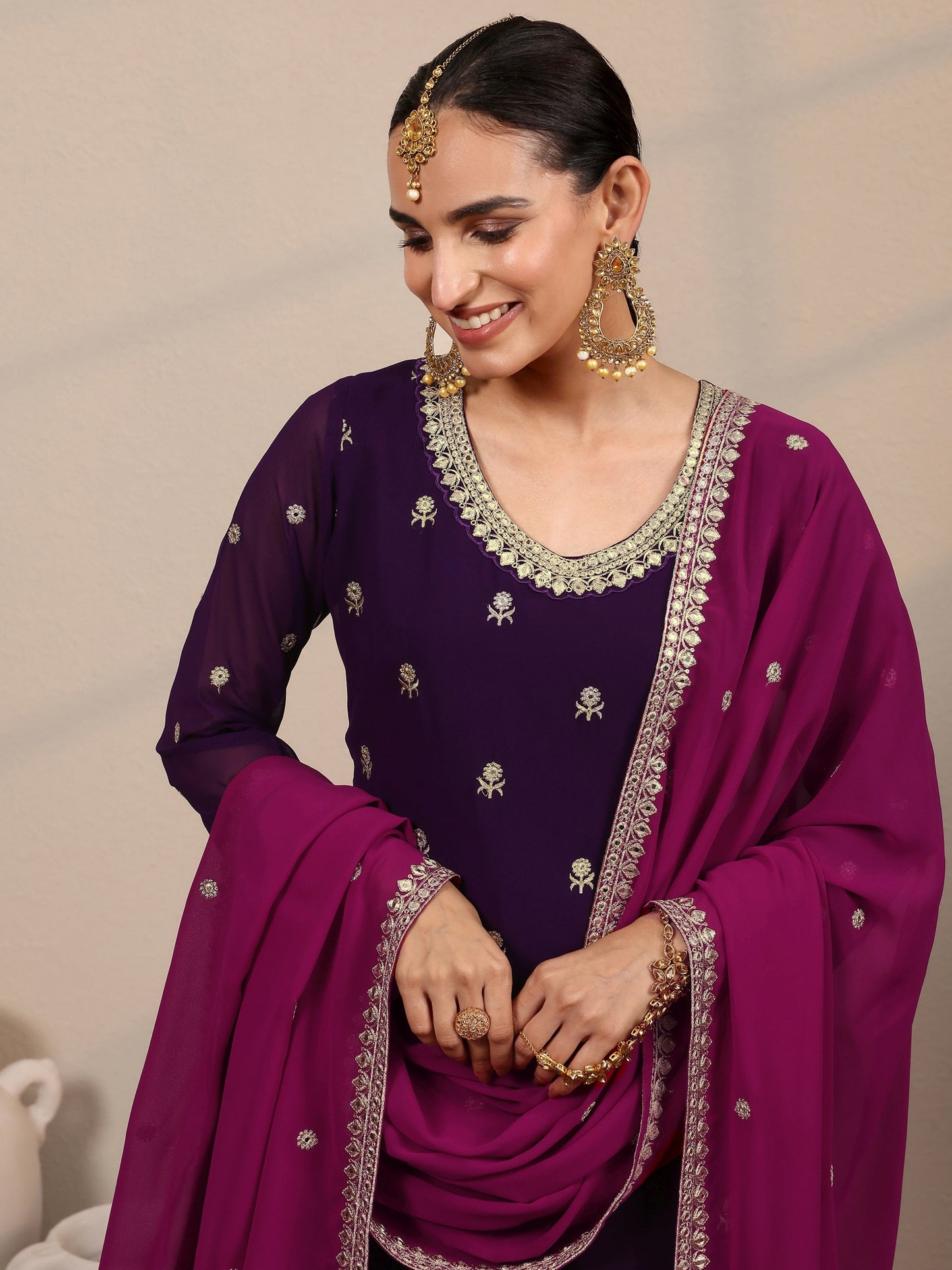 Libas Art Purple Embroidered Georgette Straight Suit Set With Dupatta