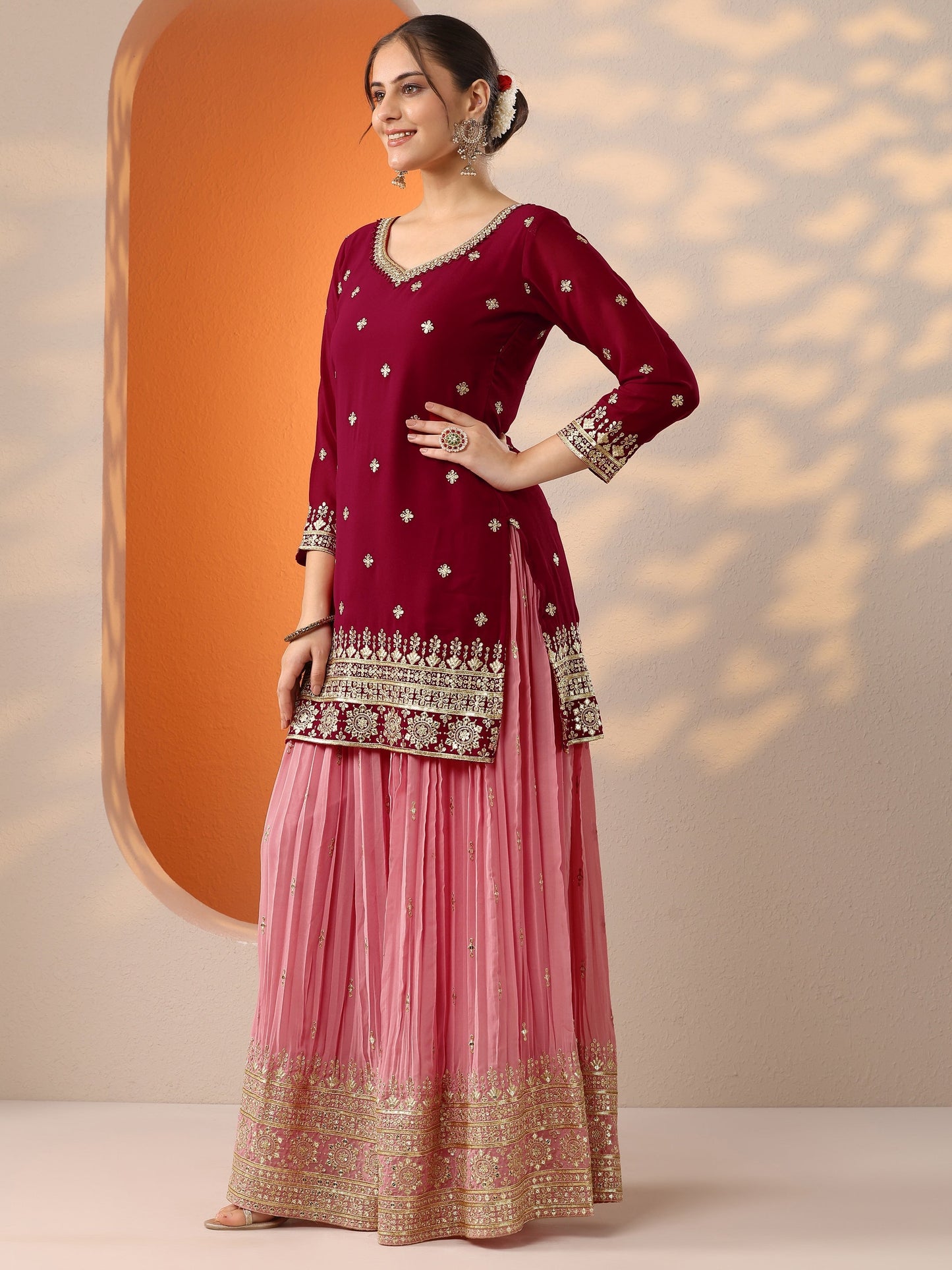 Libas Art Pink Woven Design Georgette Straight Suit Set With Dupatta
