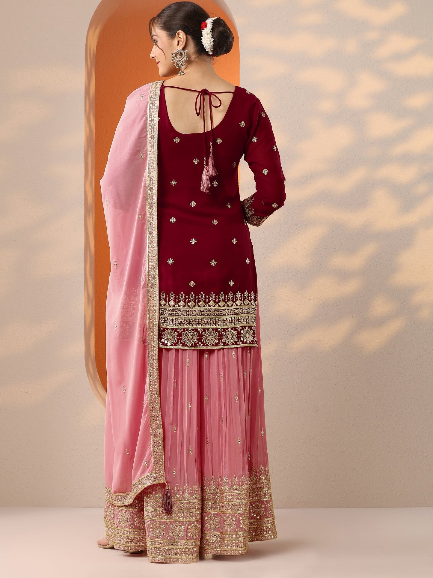 Libas Art Pink Woven Design Georgette Straight Suit Set With Dupatta