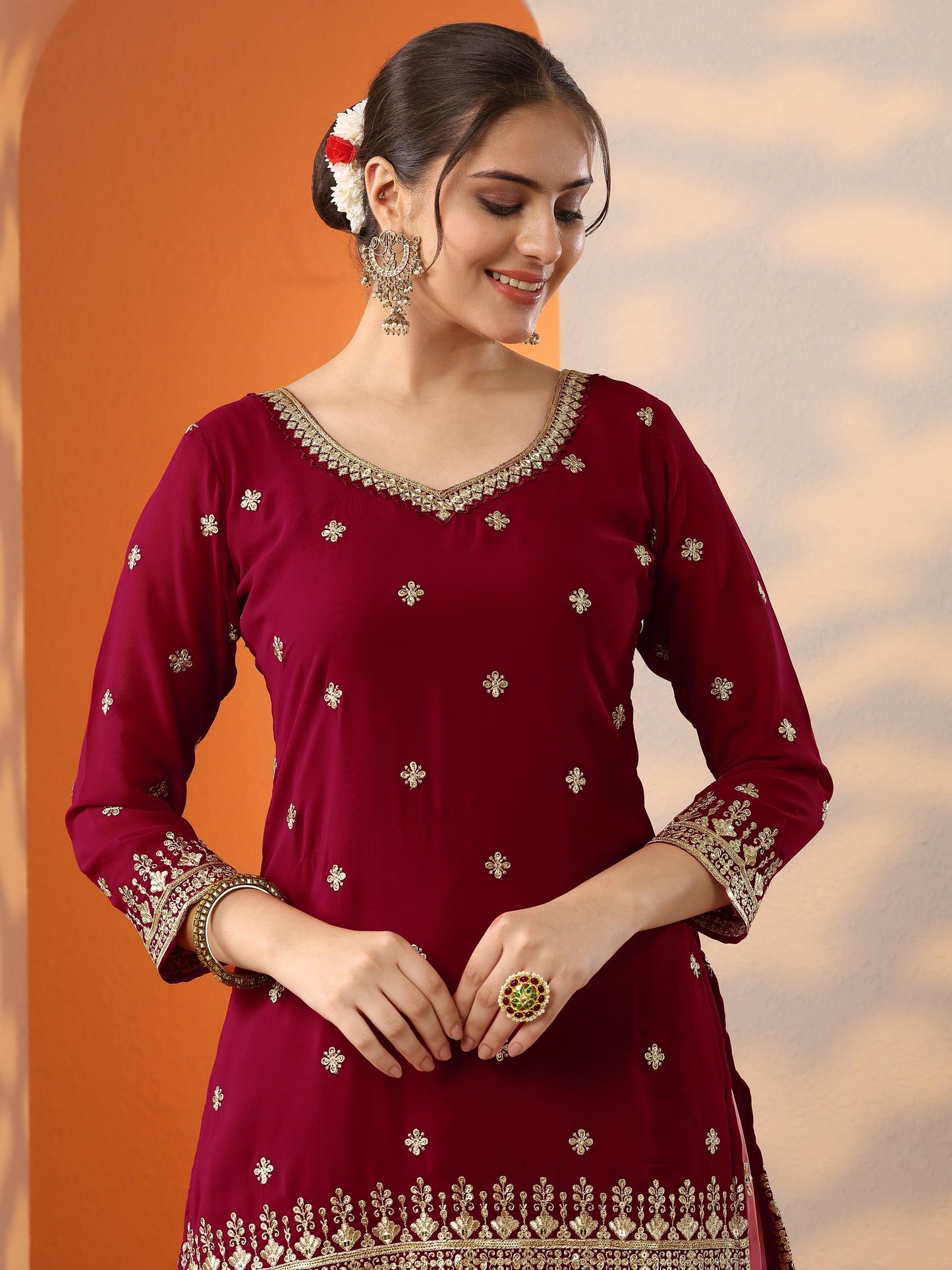 Libas Art Pink Woven Design Georgette Straight Suit Set With Dupatta