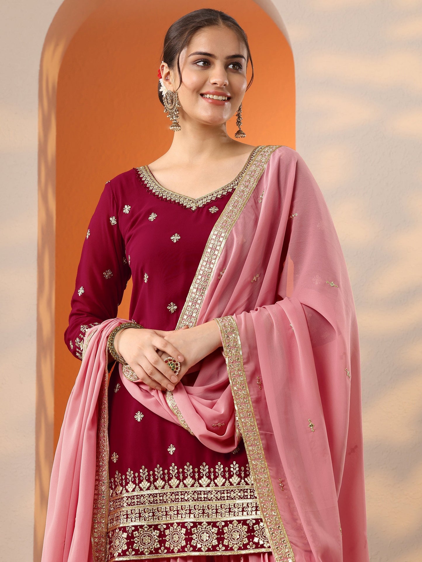 Libas Art Pink Woven Design Georgette Straight Suit Set With Dupatta