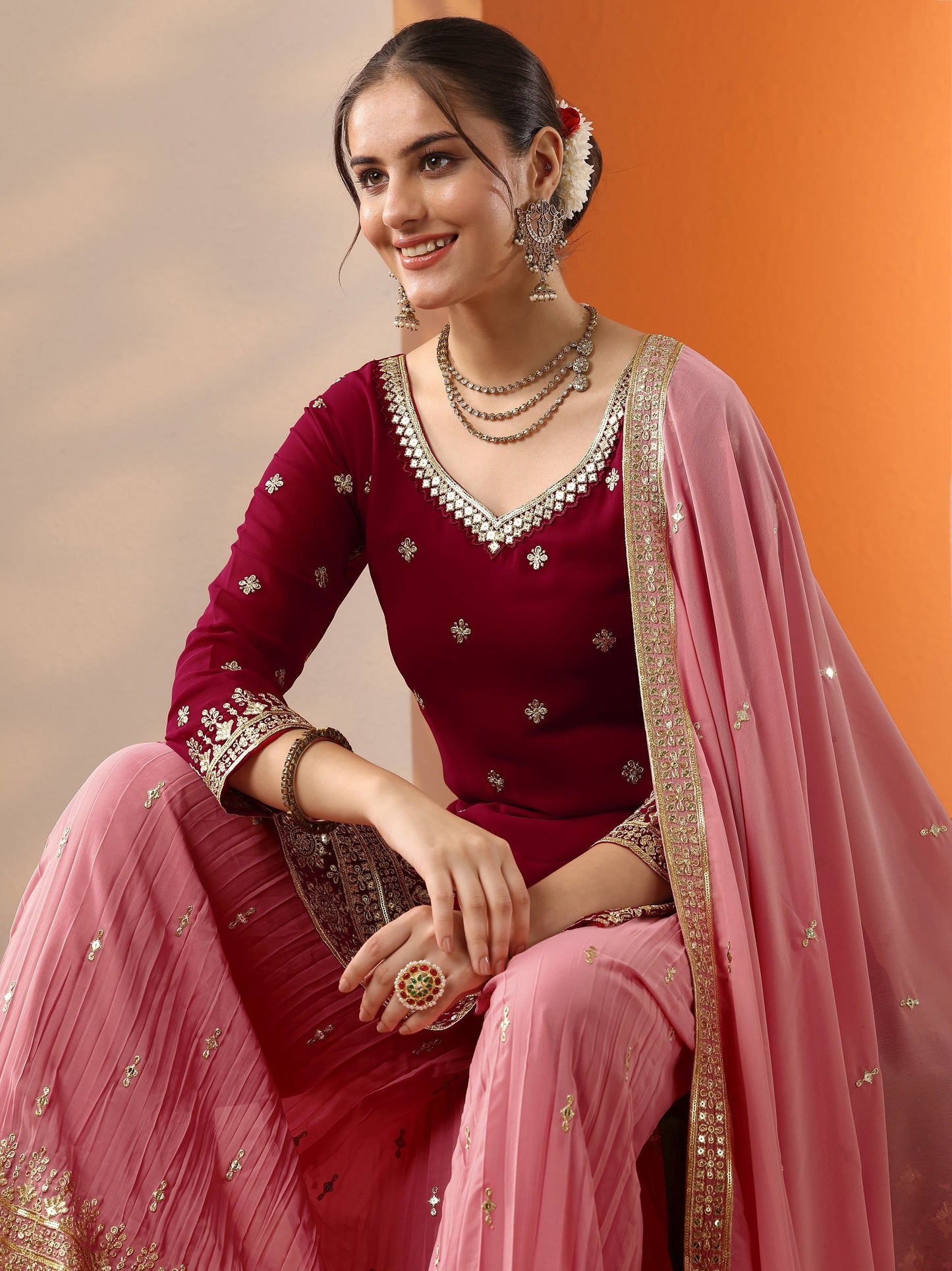 Libas Art Pink Woven Design Georgette Straight Suit Set With Dupatta