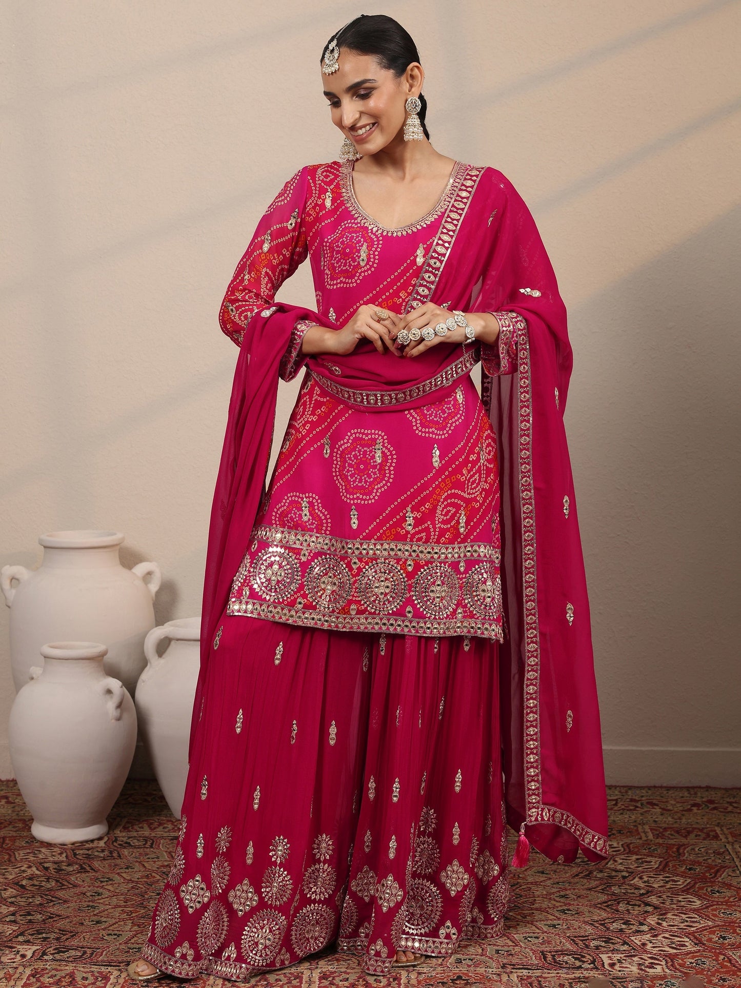 Libas Art Pink Printed Georgette Straight Suit Set With Dupatta