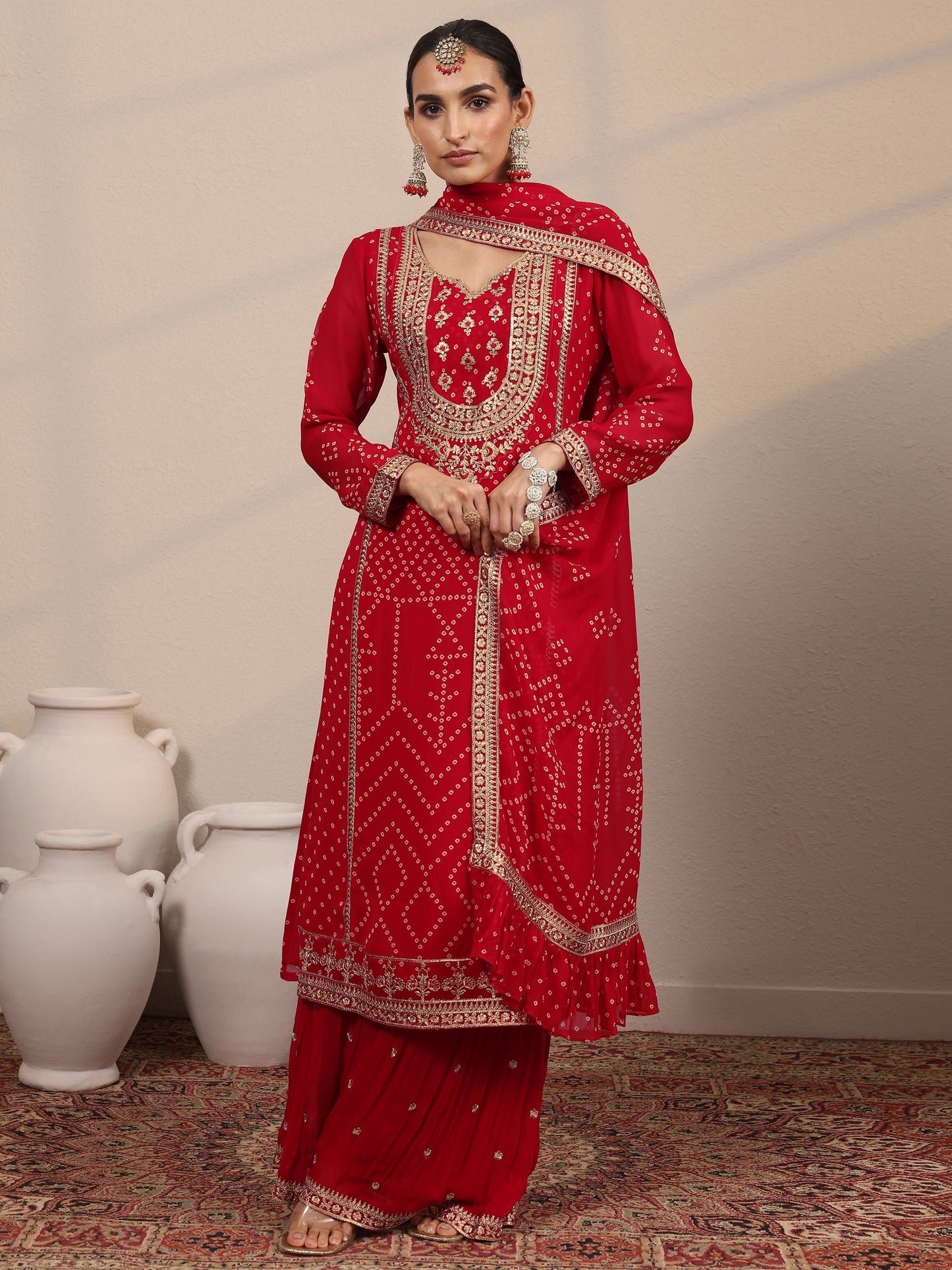 Libas Art Red Printed Georgette Straight Suit Set With Dupatta