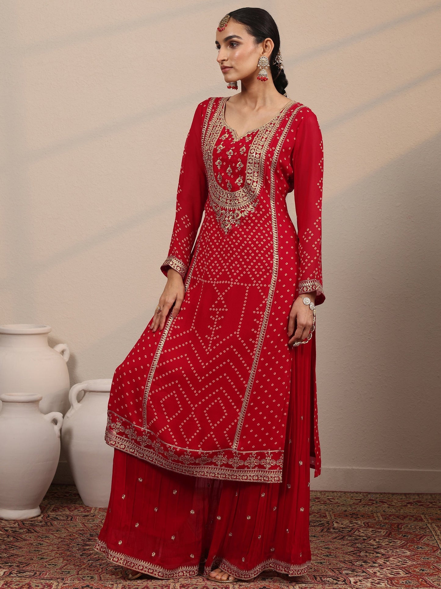 Libas Art Red Printed Georgette Straight Suit Set With Dupatta