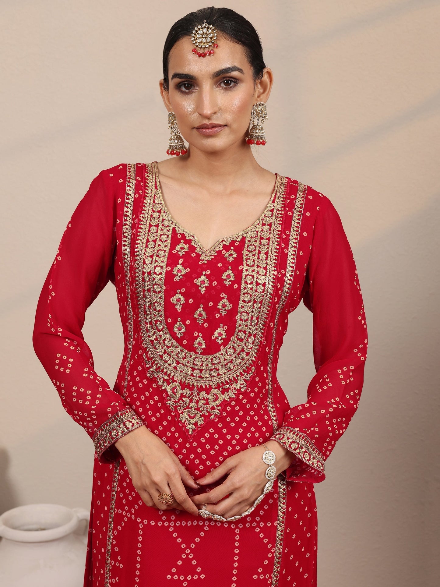 Libas Art Red Printed Georgette Straight Suit Set With Dupatta