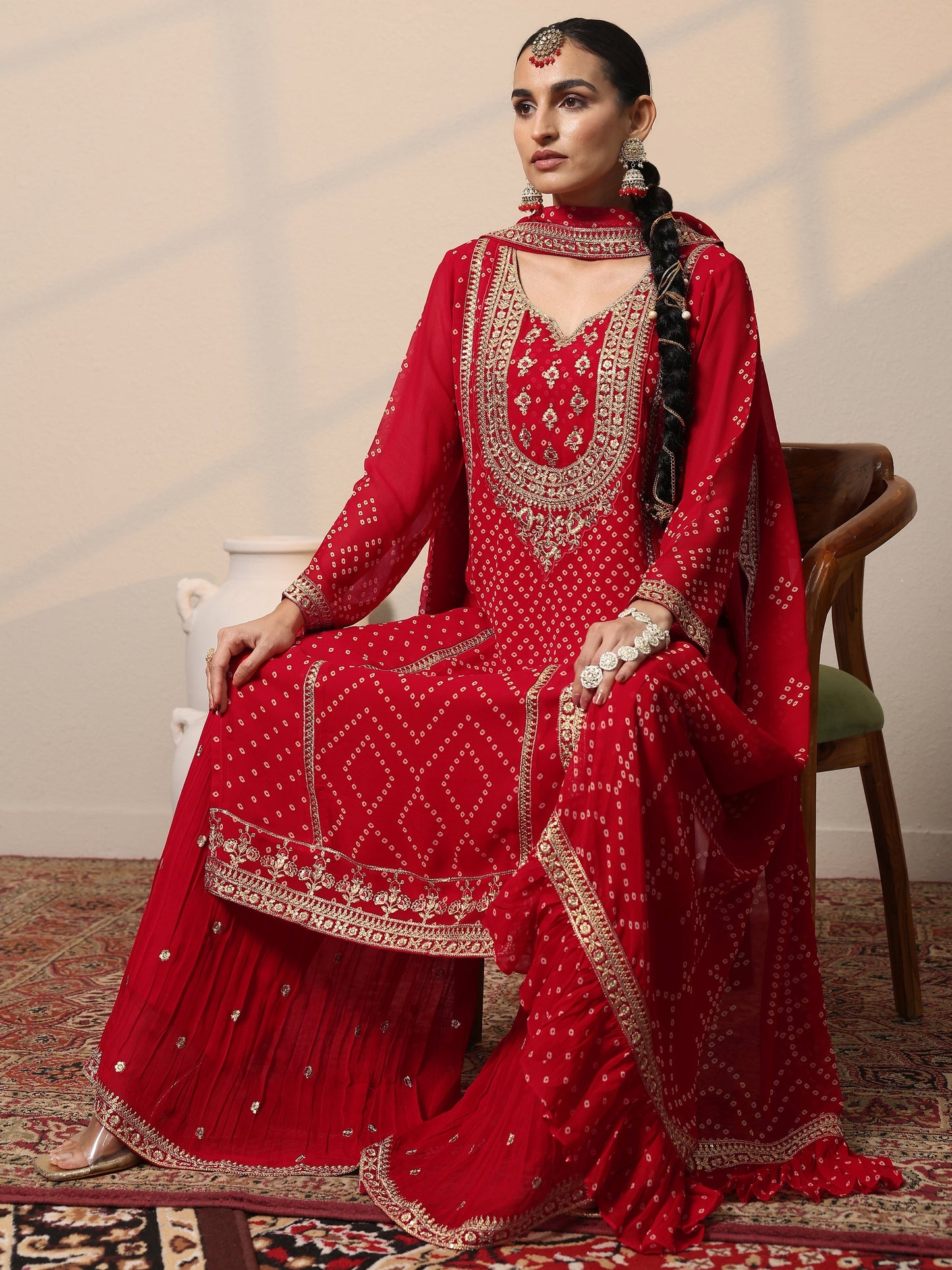 Libas Art Red Printed Georgette Straight Suit Set With Dupatta