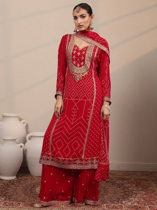 Libas Art Red Printed Georgette Straight Suit Set With Dupatta