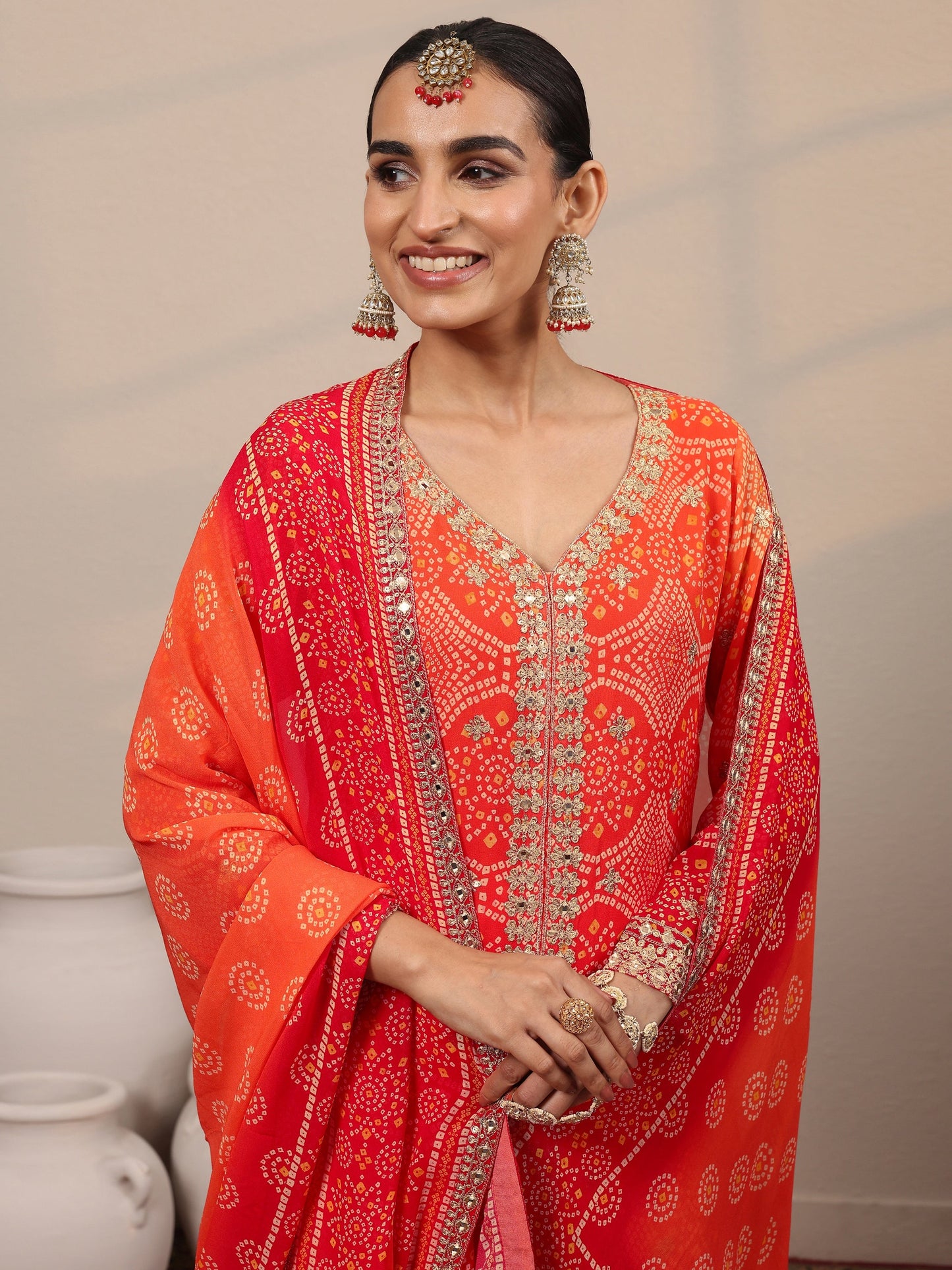 Libas Art Orange Printed Georgette Straight Suit Set With Dupatta