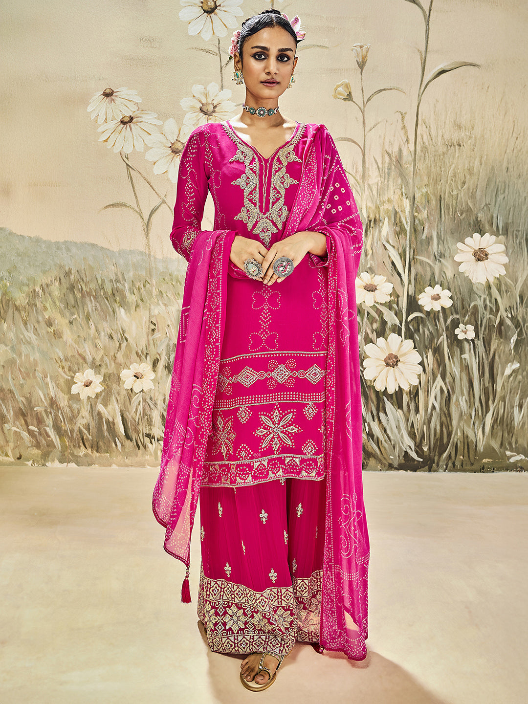 Gulrez Libas Art Pink Printed Georgette Straight Suit Set With Dupatta