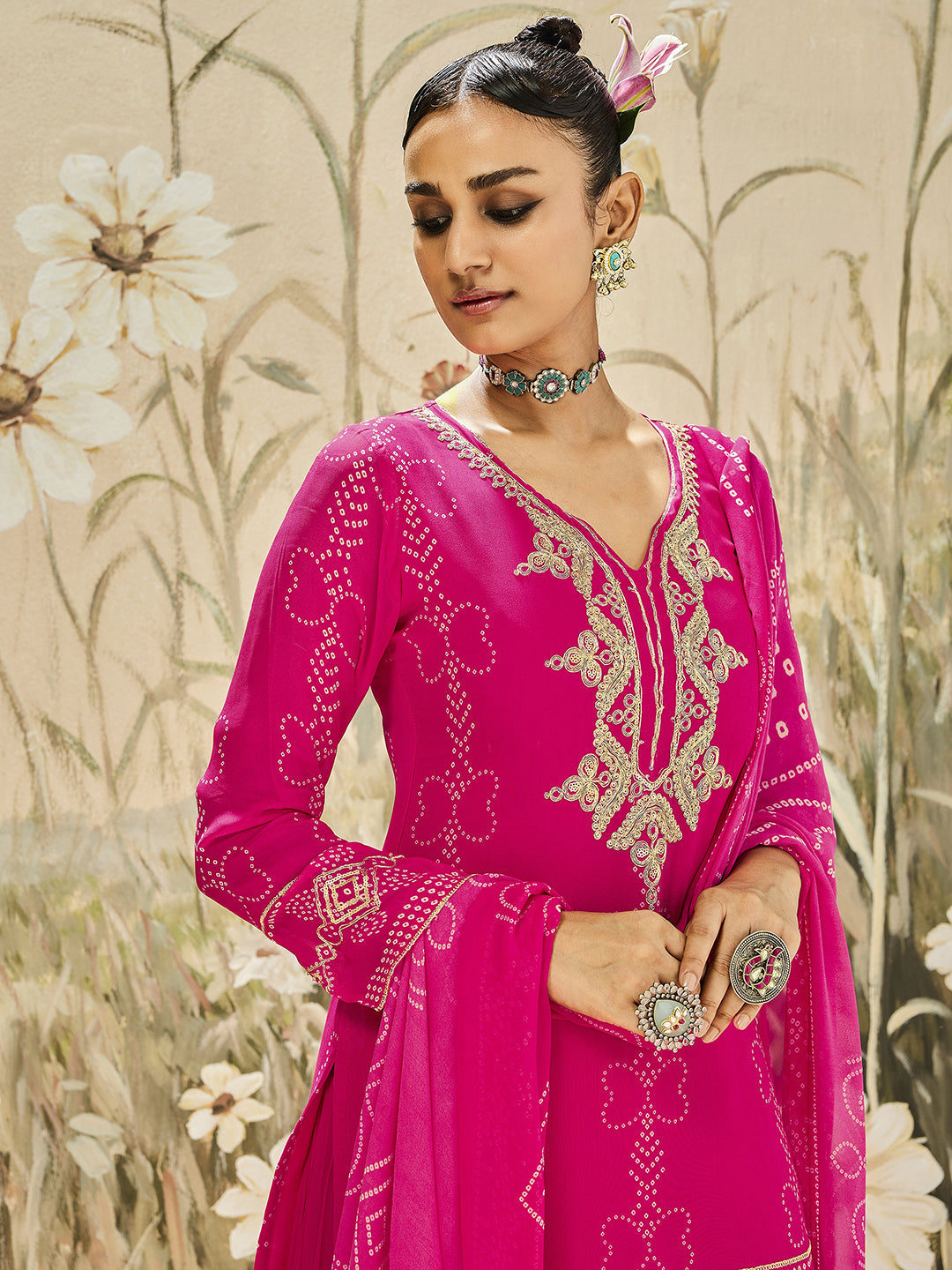 Gulrez Libas Art Pink Printed Georgette Straight Suit Set With Dupatta