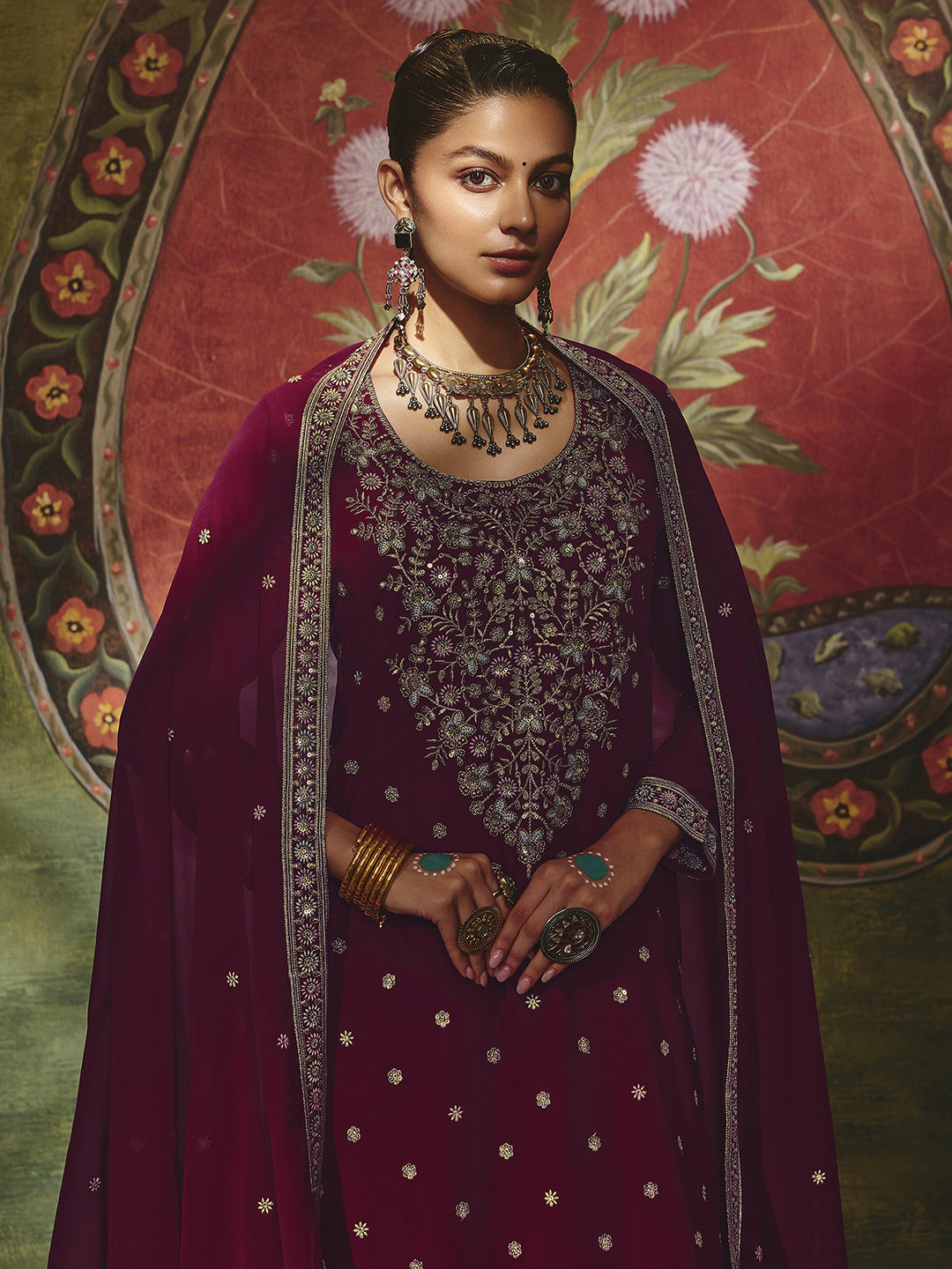 Kumkumeshwari Libas Art Maroon Embroidered Georgette Straight Suit Set With Dupatta