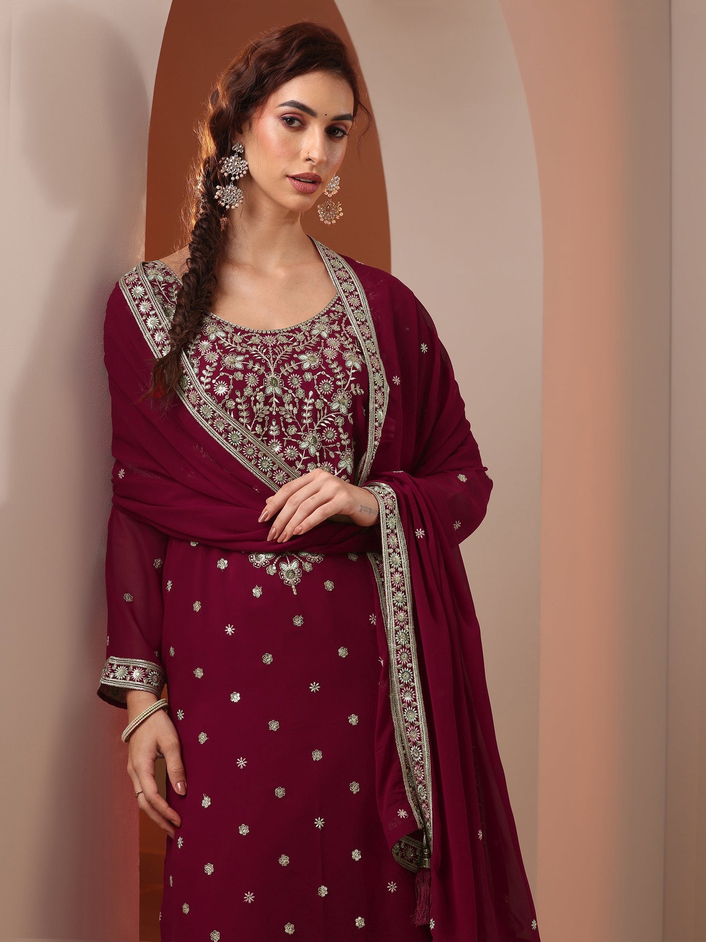 Kumkumeshwari Libas Art Maroon Embroidered Georgette Straight Suit Set With Dupatta
