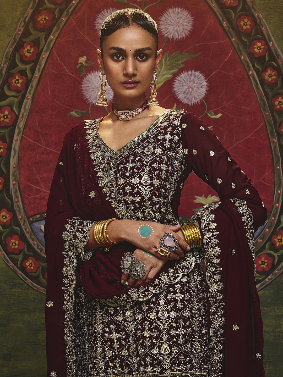 Maharani Maroon Embroidered Georgette Straight Suit Set With Dupatta