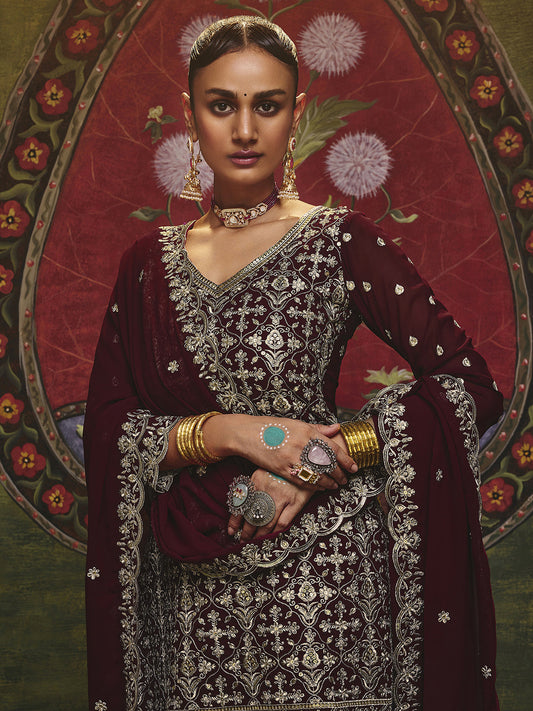 Maharani Maroon Embroidered Georgette Straight Suit Set With Dupatta