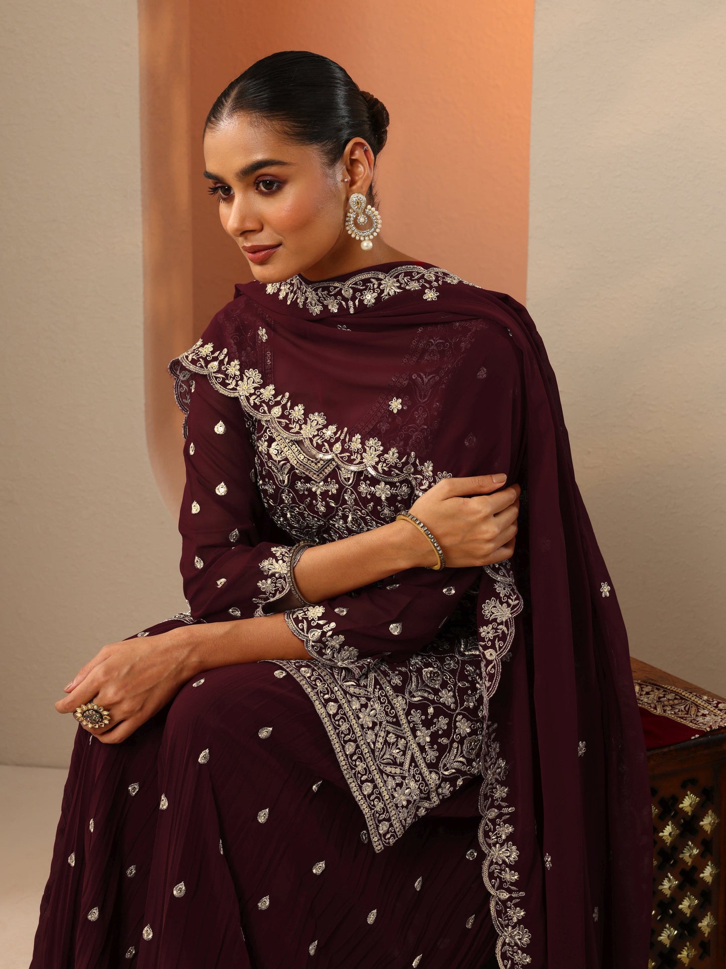 Maharani Maroon Embroidered Georgette Straight Suit Set With Dupatta