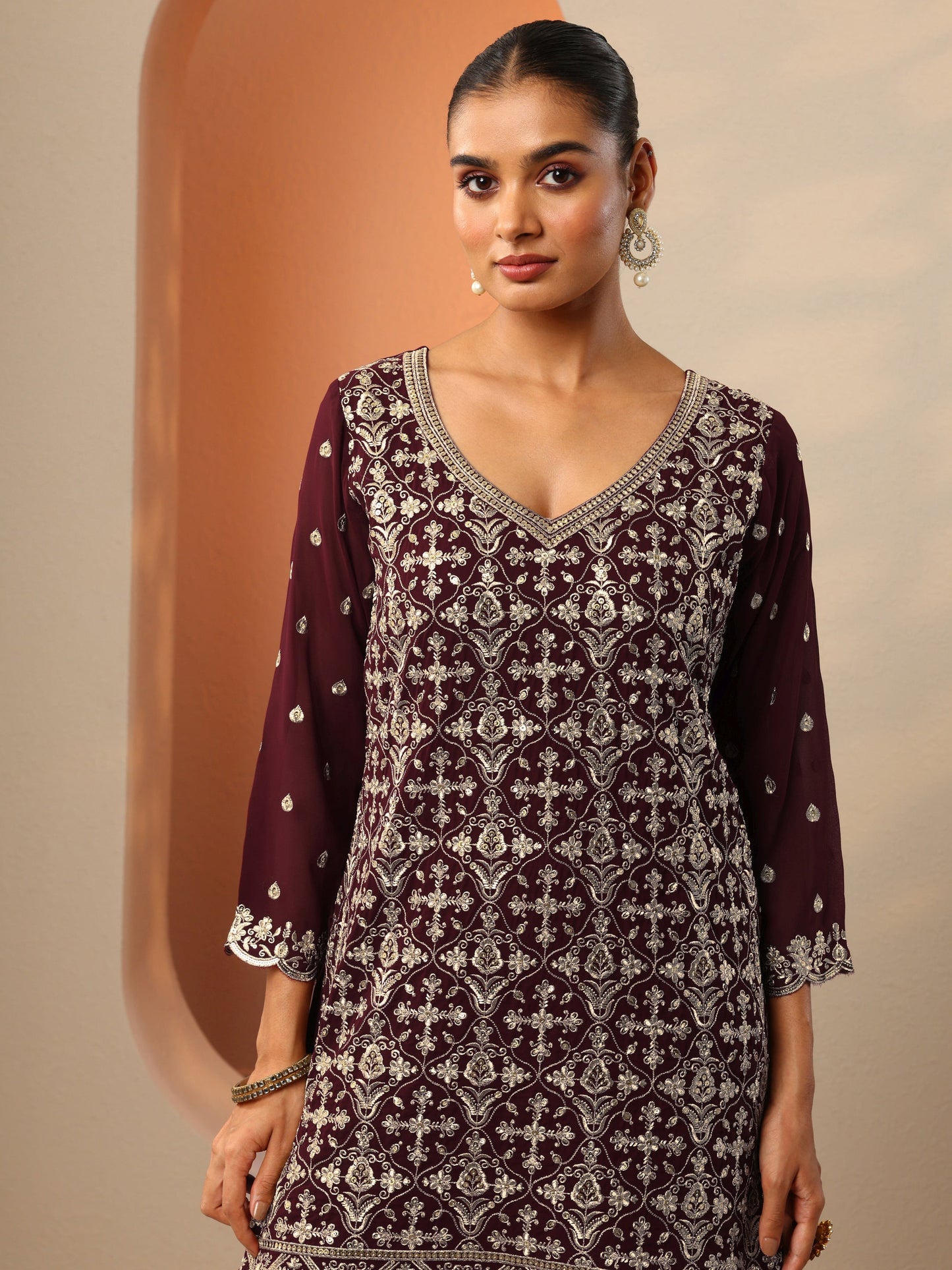 Maharani Maroon Embroidered Georgette Straight Suit Set With Dupatta