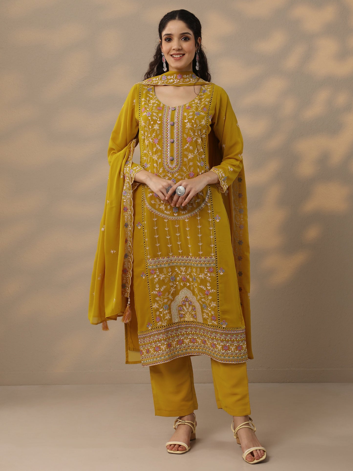 Libas Art Mustard Embroidered Georgette Straight Suit Set With Dupatta