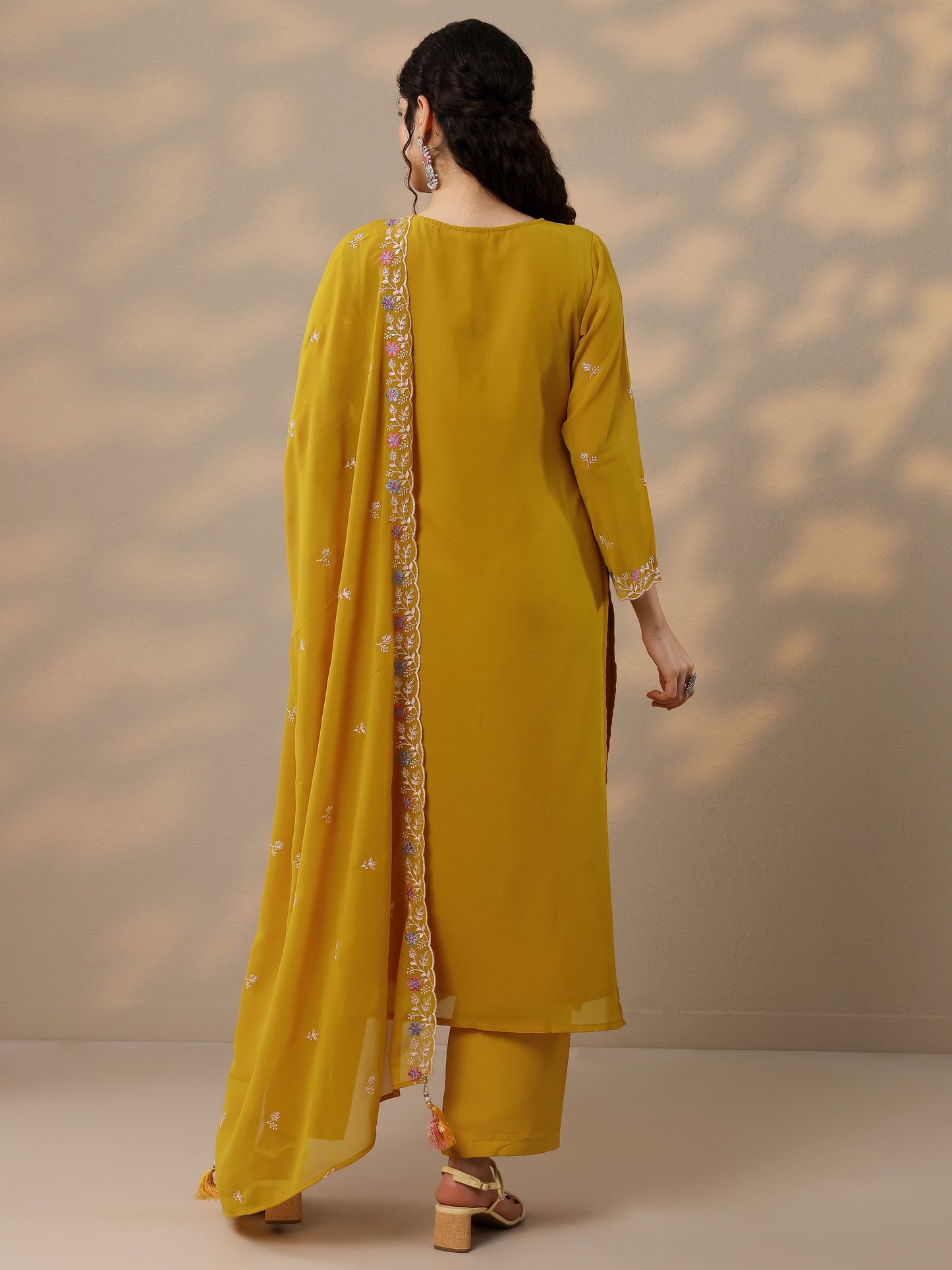 Libas Art Mustard Embroidered Georgette Straight Suit Set With Dupatta