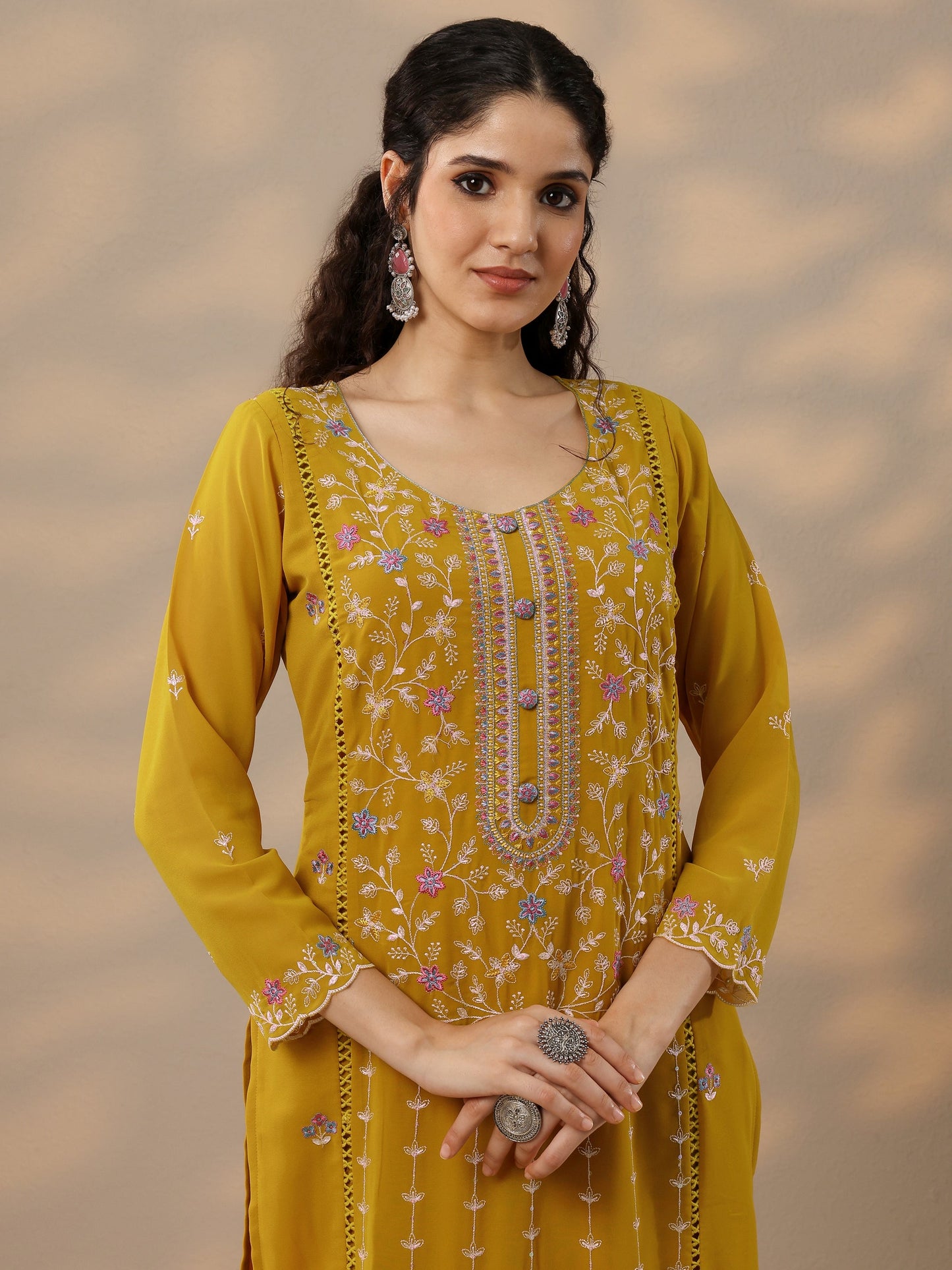 Libas Art Mustard Embroidered Georgette Straight Suit Set With Dupatta