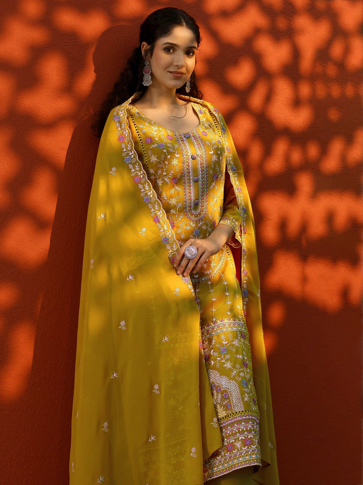 Libas Art Mustard Embroidered Georgette Straight Suit Set With Dupatta