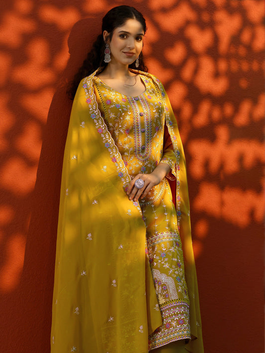 Libas Art Mustard Embroidered Georgette Straight Suit Set With Dupatta