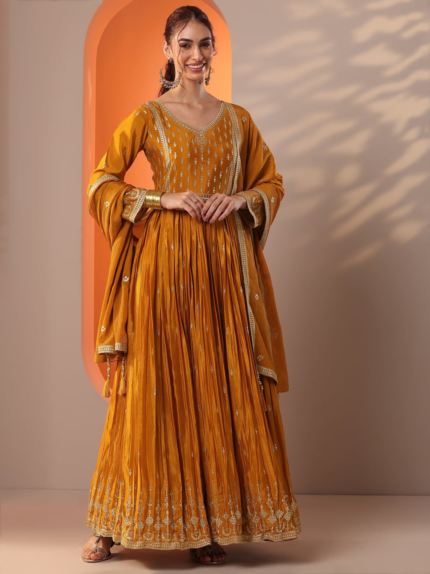 Mohini Libas Art Mustard Embroidered Chinon Anarkali Suit Set With Dupatta