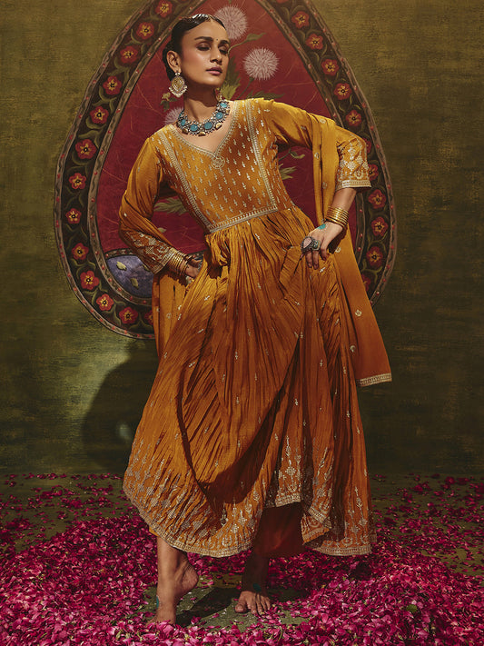 Mohini Libas Art Mustard Embroidered Chinon Anarkali Suit Set With Dupatta