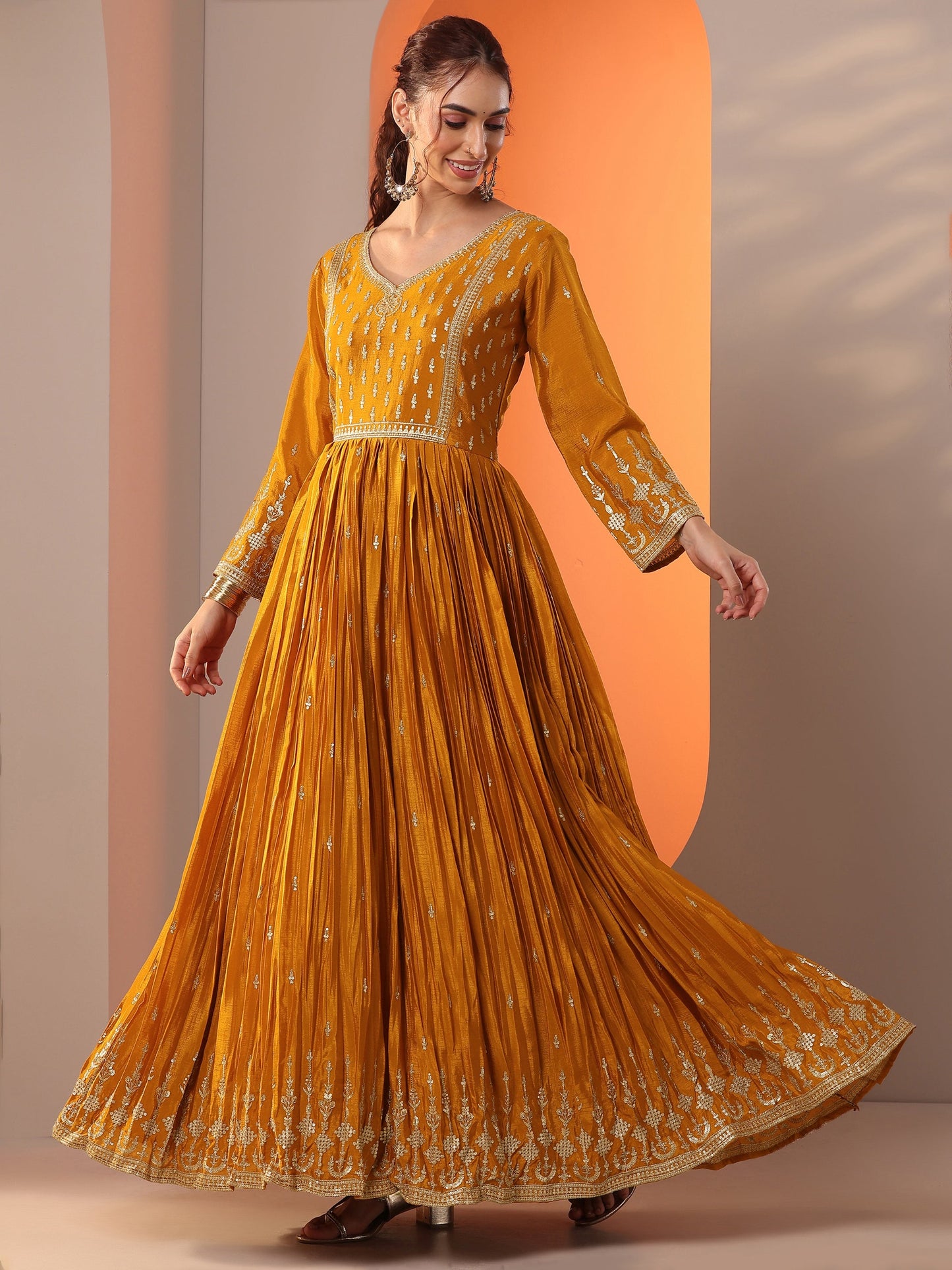 Mohini Libas Art Mustard Embroidered Chinon Anarkali Suit Set With Dupatta