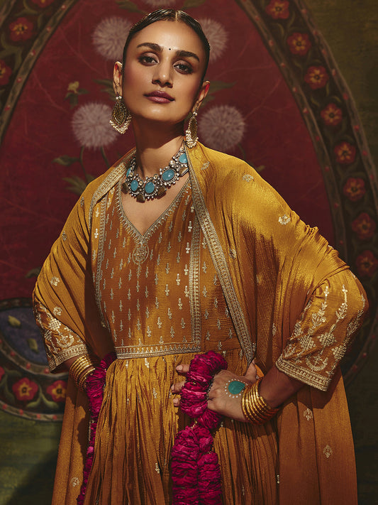 Mohini Libas Art Mustard Embroidered Chinon Anarkali Suit Set With Dupatta