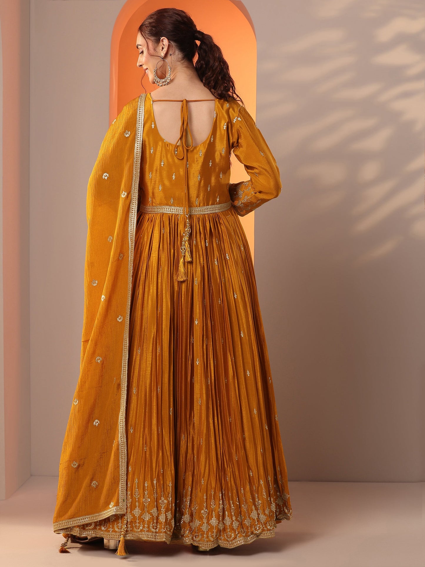 Mohini Libas Art Mustard Embroidered Chinon Anarkali Suit Set With Dupatta