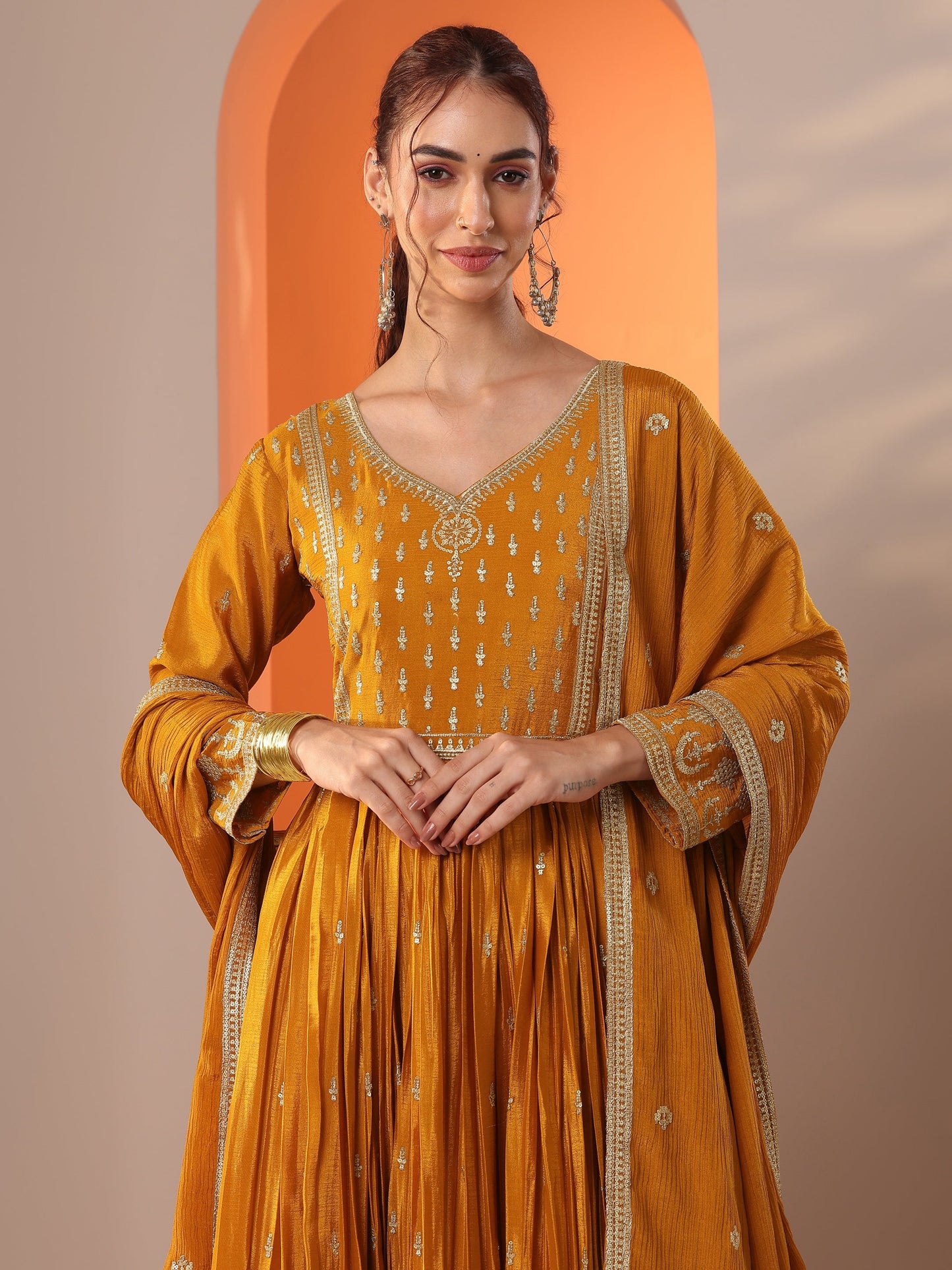 Mohini Libas Art Mustard Embroidered Chinon Anarkali Suit Set With Dupatta