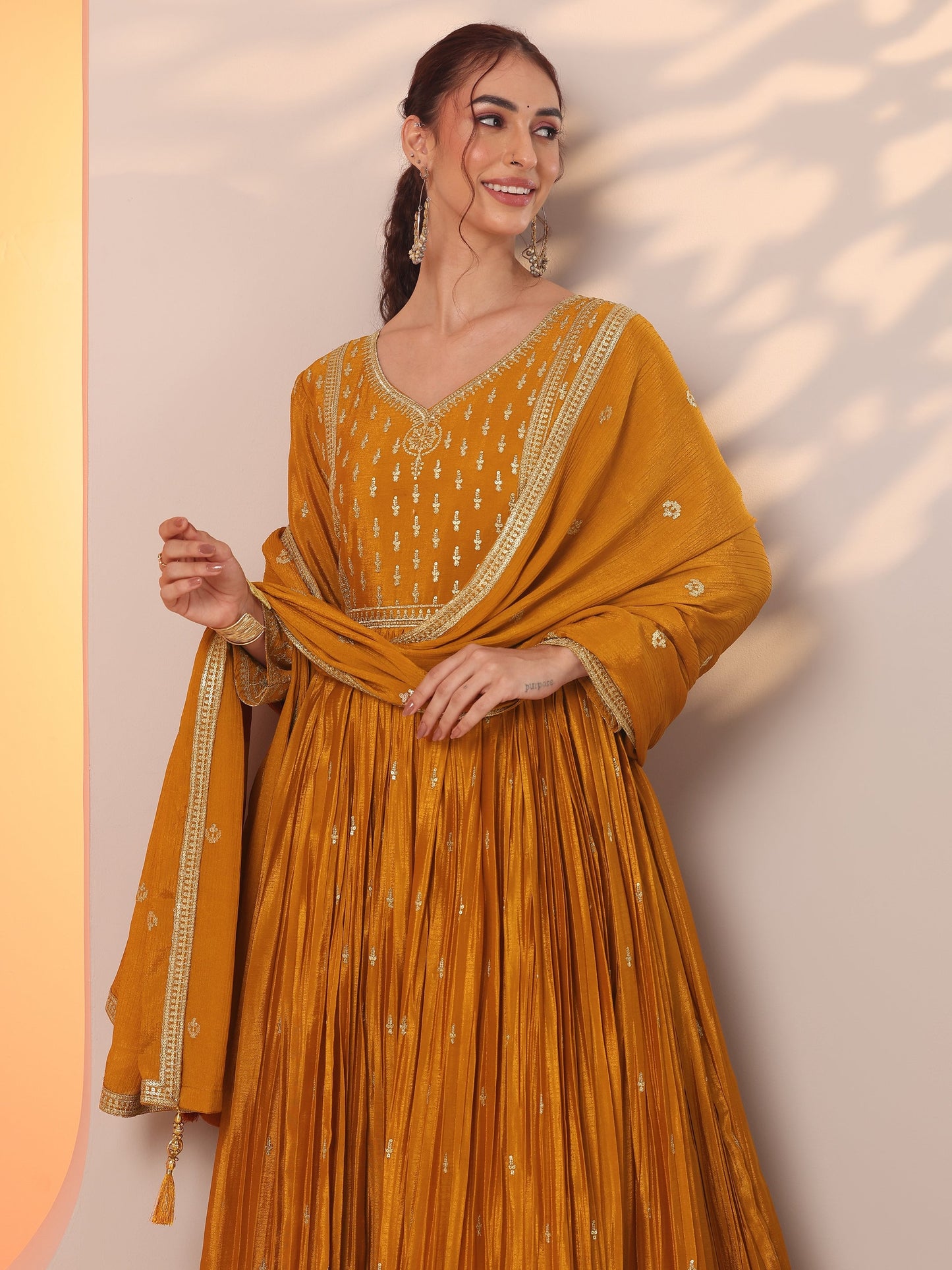 Mohini Libas Art Mustard Embroidered Chinon Anarkali Suit Set With Dupatta