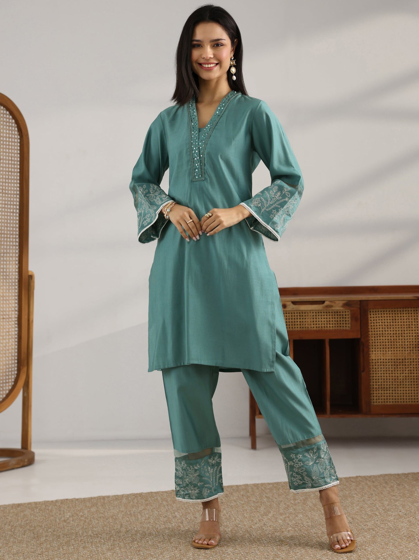 Grey Embroidered Silk Blend Co-Ord Set