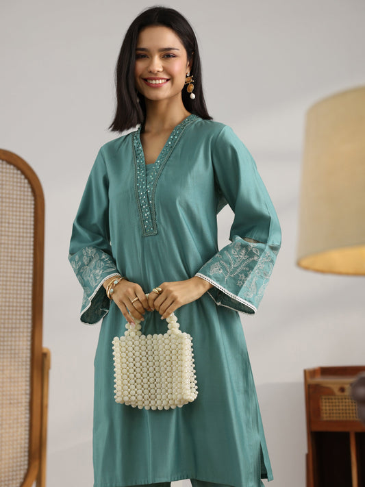 Grey Embroidered Silk Blend Co-Ord Set