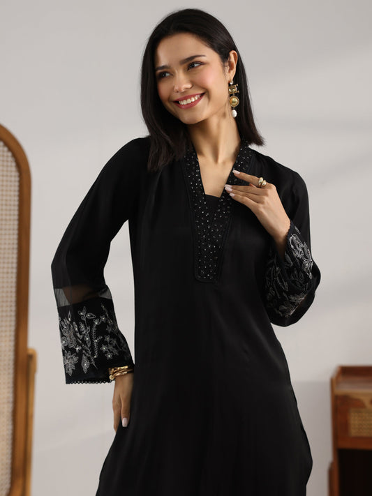 Black Embroidered Silk blend Co-Ord Sets