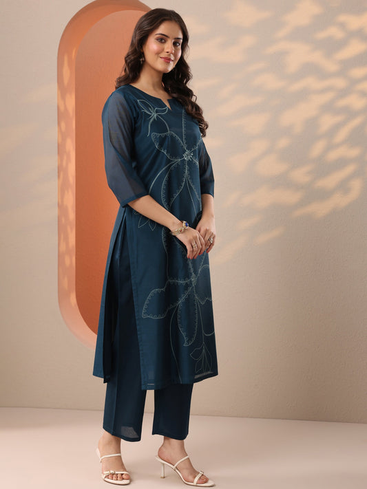 Navy Blue Embroidered Silk Blend Straight Suit Set With Dupatta