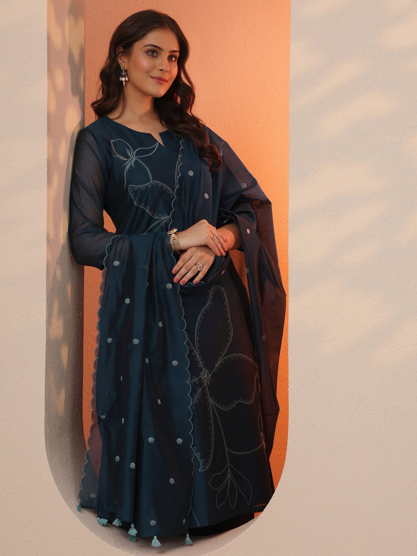 Navy Blue Embroidered Silk Blend Straight Suit Set With Dupatta