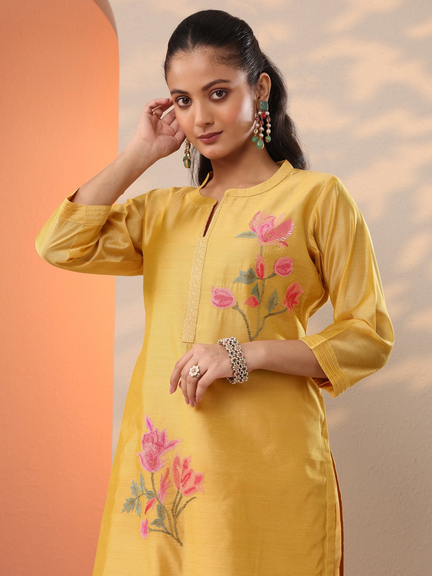 Yellow Embroidered Silk Blend Straight Suit Set With Dupatta