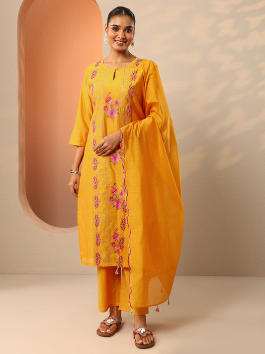 Mustard Embroidered Silk Blend Straight Suit Set With Dupatta