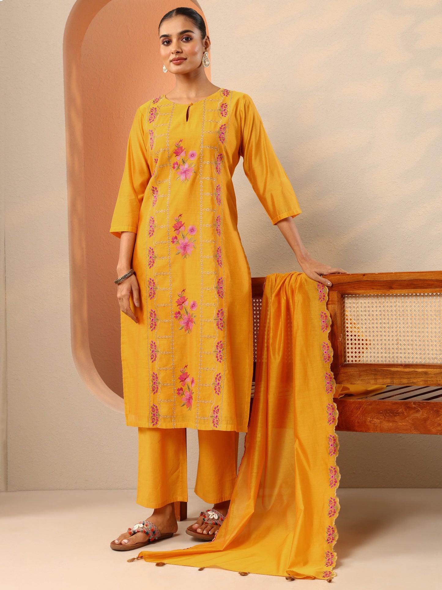 Mustard Embroidered Silk Blend Straight Suit Set With Dupatta