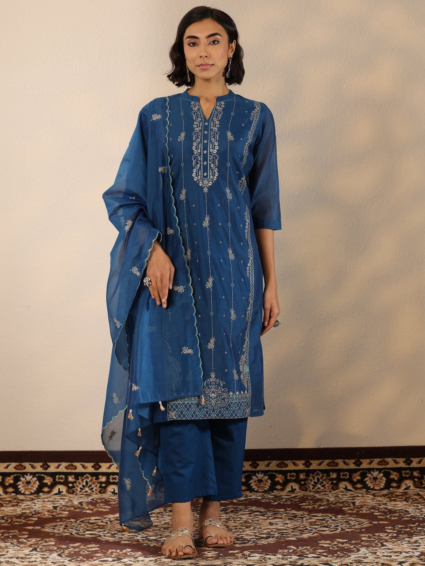 Navy Blue Embroidered Silk Blend  Straight Suit Set With Dupatta