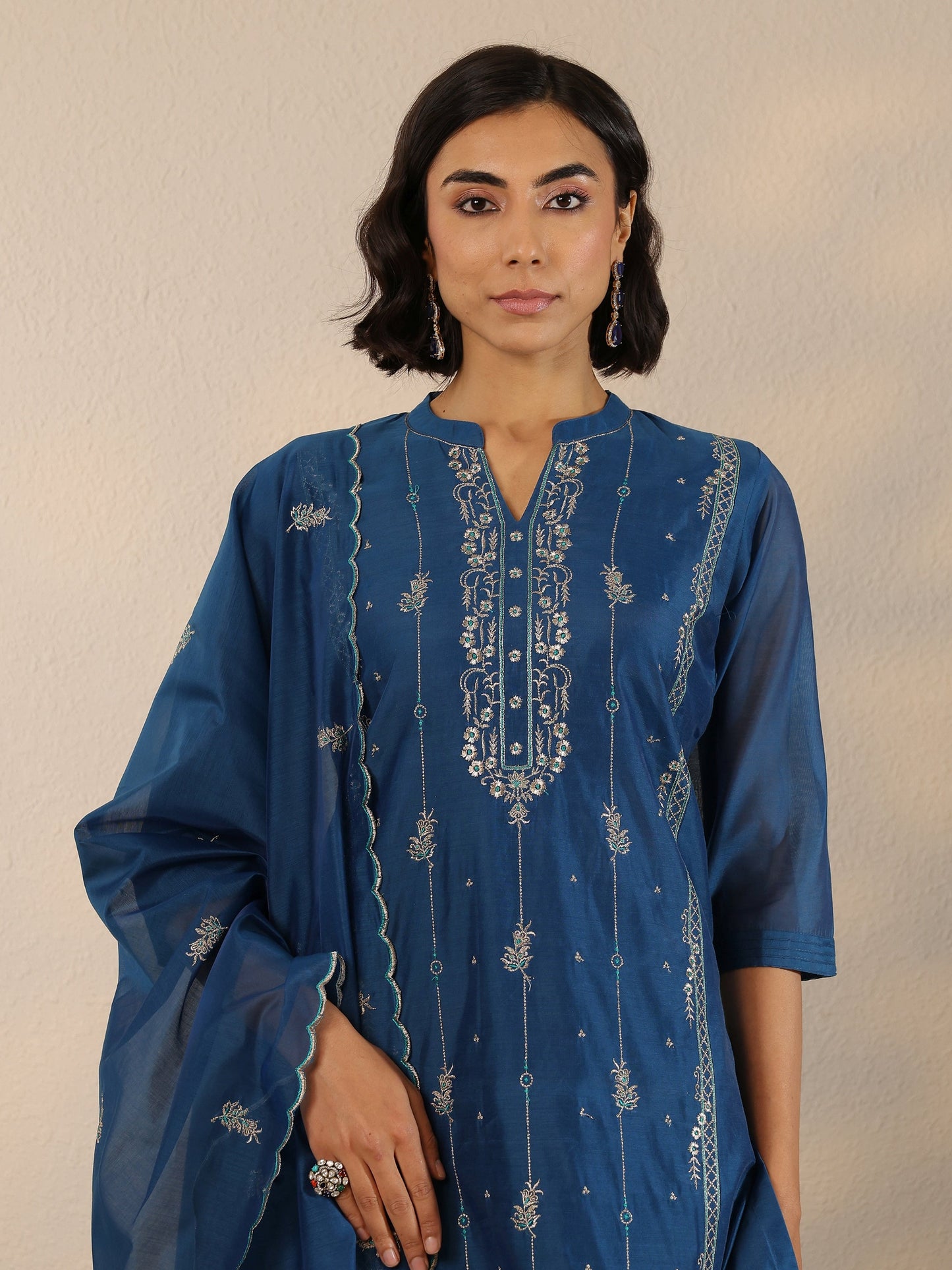 Navy Blue Embroidered Silk Blend  Straight Suit Set With Dupatta