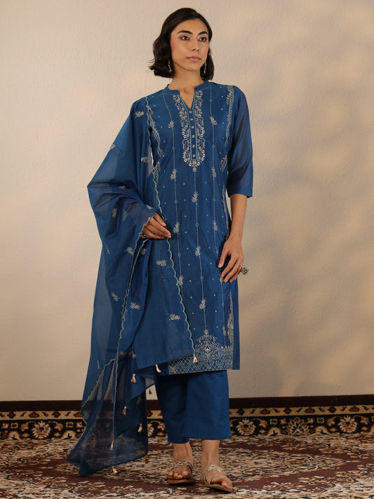Navy Blue Embroidered Silk Blend  Straight Suit Set With Dupatta