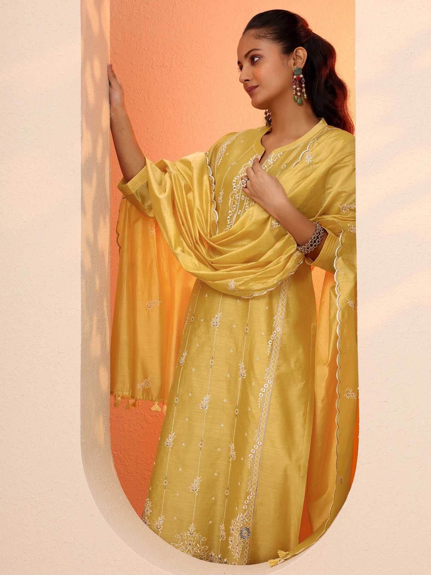 Yellow Embroidered Silk Blend Straight Suit Set With Dupatta