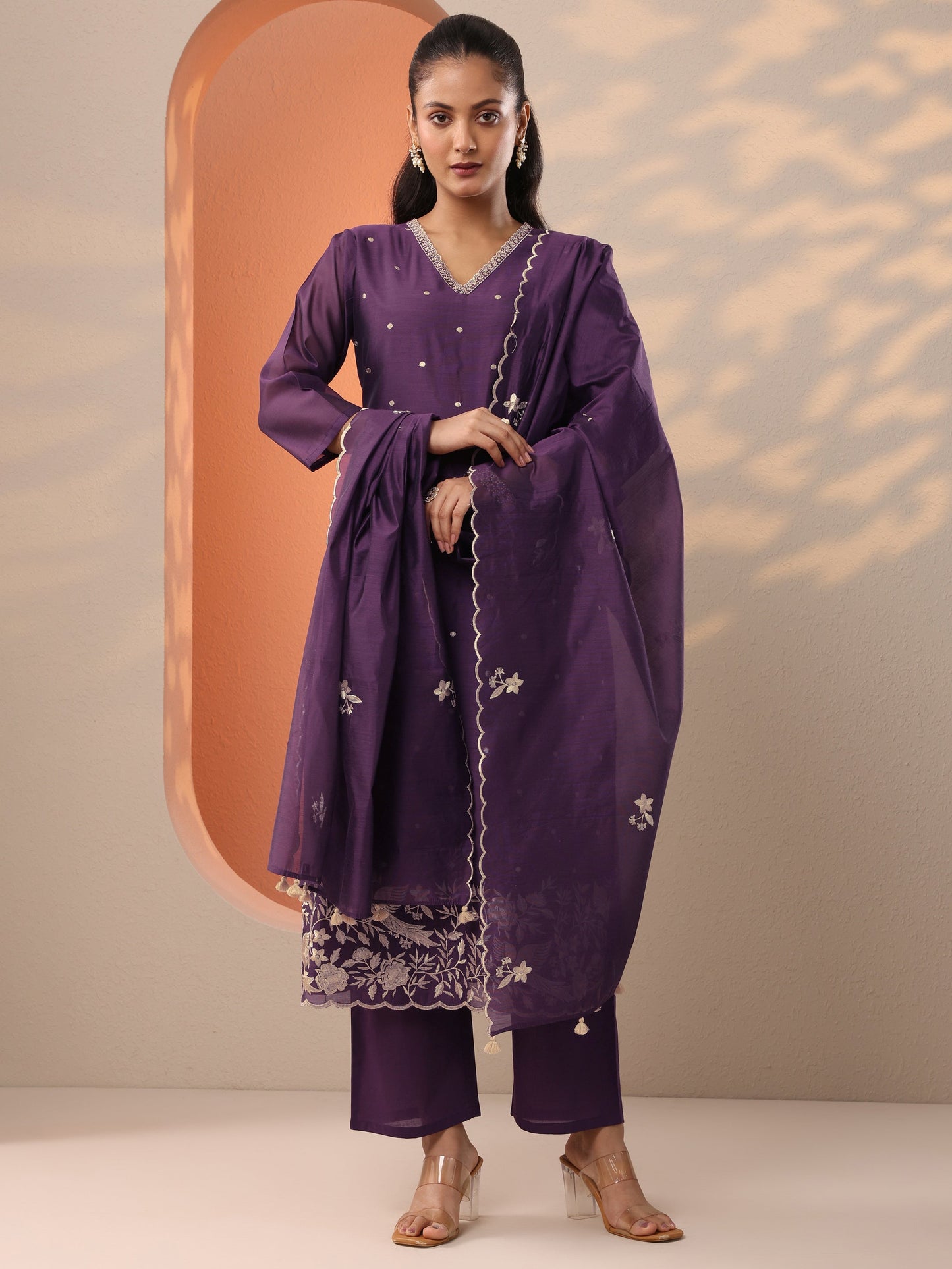 Burgundy Embroidered Silk Blend Straight Suit Set With Dupatta