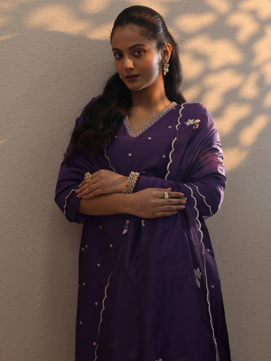 Burgundy Embroidered Silk Blend Straight Suit Set With Dupatta