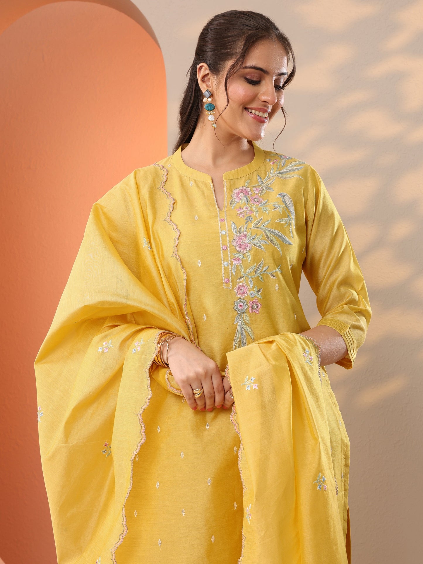 Yellow Embroidered Silk Blend Straight Suit Set With Dupatta