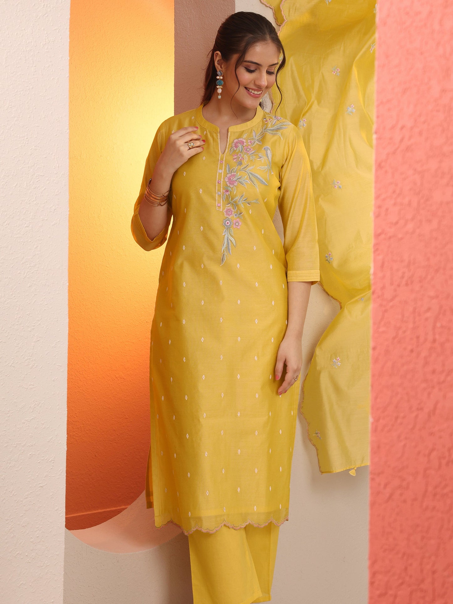 Yellow Embroidered Silk Blend Straight Suit Set With Dupatta